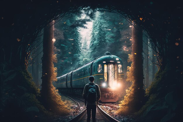Pessoa viajando de trem pela floresta mágica e encantada