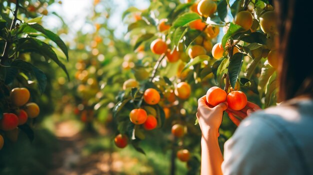 Foto pessoa visitando plantação de frutas agrícolas locais e capturando fotografias vibrantes de frutas maduras