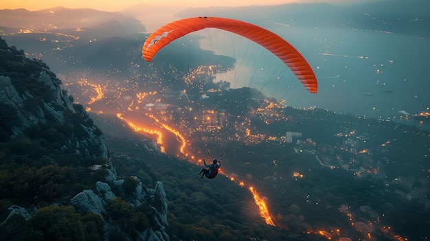 Pessoa voando de parapente sobre a cidade à noite IA gerativa