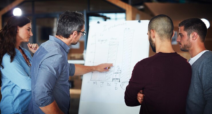 Foto pessoal de negócios quadro branco e apresentação para arquitetura de planejamento e feedback para planos mentores e consultores de funcionários no escritório com treinamento e treinamento para revisão e ideias