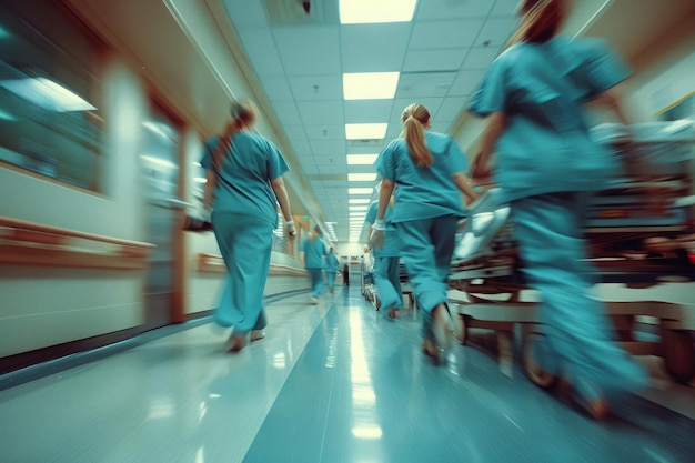 Pessoal médico apressado reagindo a uma emergência no corredor do hospital