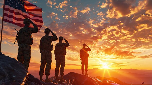 Foto pessoal militar cumprimentando contra o pano de fundo de um nascer ou pôr do sol ao lado da bandeira dos eua