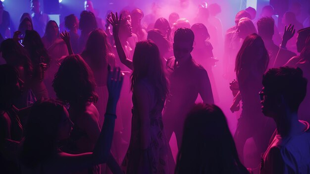 Foto pessoas a dançar numa festa a pista de dança está iluminada com luzes rosas e roxas