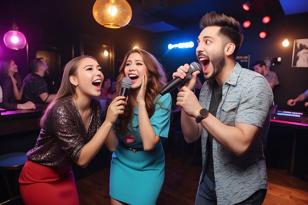 Foto pessoas a divertir-se com karaoke.