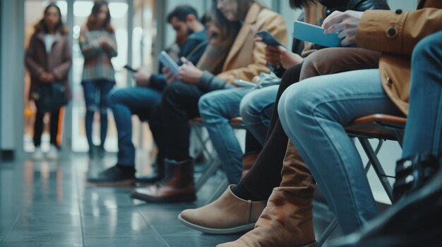Foto pessoas à espera em fila para uma consulta, uma entrevista de emprego ou uma reunião de trabalho casal sentado no corredor lendo usando diferentes dispositivos fotografia da parte inferior das pernas