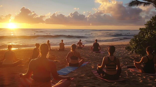 Pessoas a fazer ioga na praia ao pôr-do-sol o sol está a pôr-se sobre o oceano e as ondas estão a bater na costa