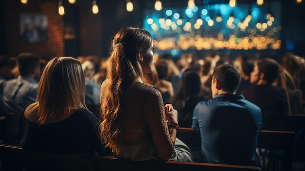 Pessoas a ouvir uma conferência numa sala de reuniões.