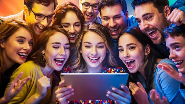 Pessoas alegres com tablet sorrindo para a câmera