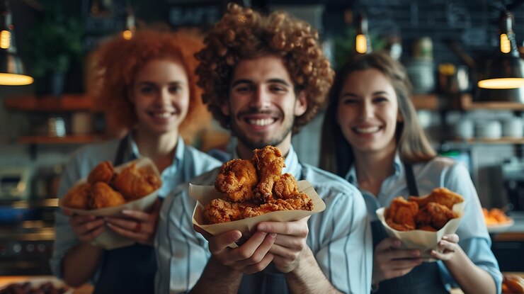 Foto pessoas alegres segurando frango frito em pé sobre um fundo escuro com espaço de cópia ai gerativa