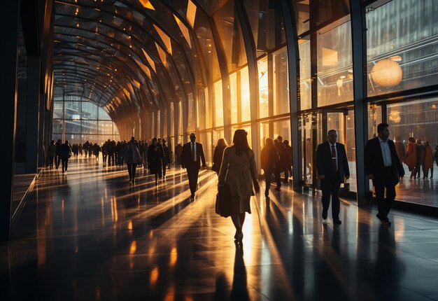 pessoas andando em um terminal com o sol brilhando nas costas.