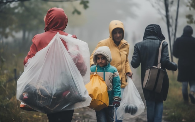 Pessoas andando na chuva com sacolas plásticas e sacolas de comida