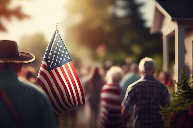 Pessoas andando na rua com uma bandeira americana