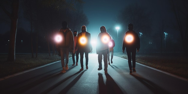 Pessoas andando por uma estrada com luzes acesas