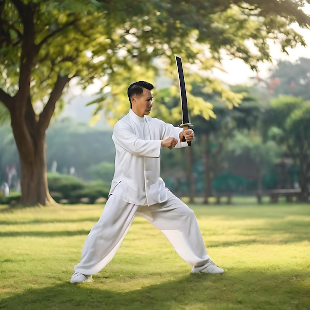 Foto pessoas ao ar livre na natureza a treinar taekwondo