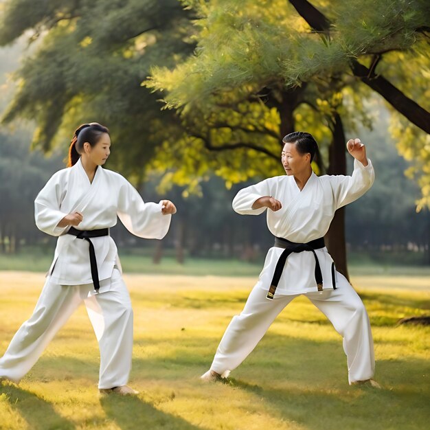 Foto pessoas ao ar livre na natureza a treinar taekwondo