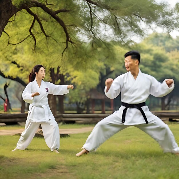 Foto pessoas ao ar livre na natureza a treinar taekwondo