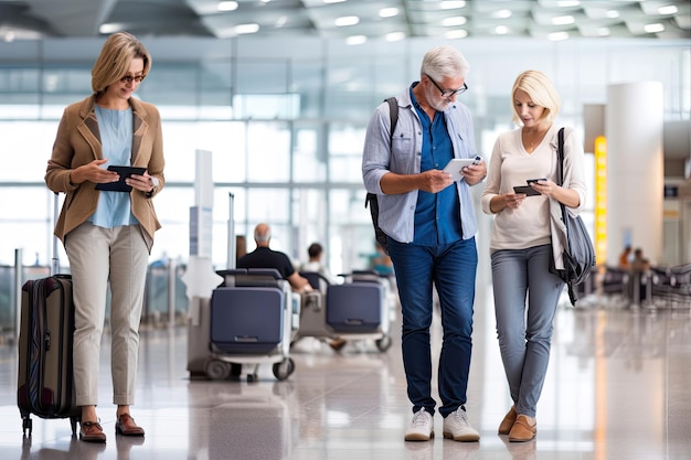 Pessoas aposentadas a caminhar nos corredores do aeroporto felizes com as malas.