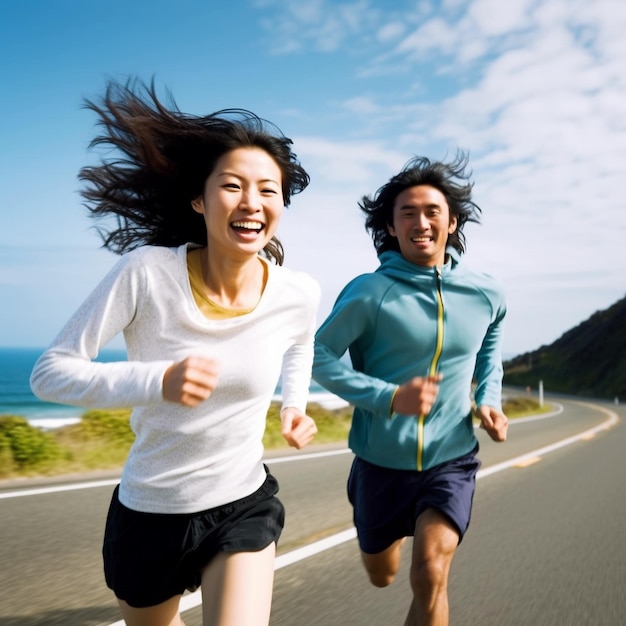 Pessoas asiáticas saudáveis correndo em uma foto de tracka de uma pessoa correndo foto do corpo inteiro