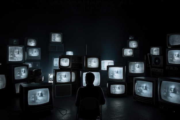 Pessoas assistindo a muitas televisões retrô Propaganda e conceito de notícias falsas Generative AI