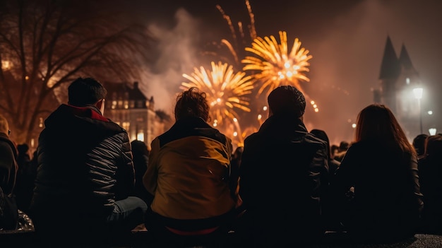 Pessoas assistindo fogos de artifício nas celebrações da véspera de ano novo