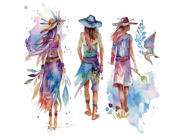 Foto pessoas boho hippies ilustração aquarela em branco