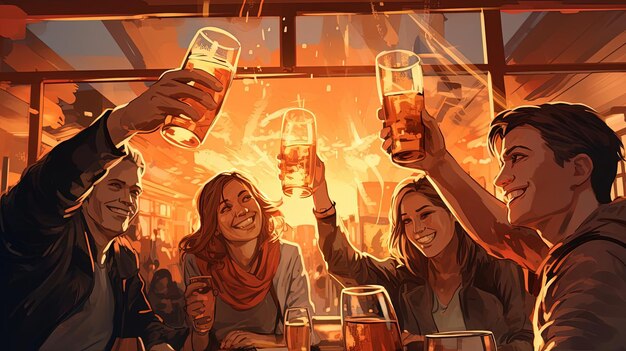 pessoas brindando cerveja em um bar no estilo de simbolismo infundido