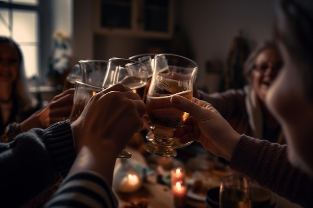 Pessoas brindando com copos de cerveja em um jantar