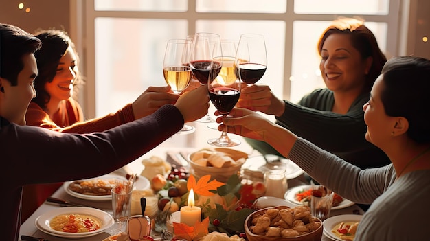 pessoas brindando com copos de vinho no jantar de Ação de Graças