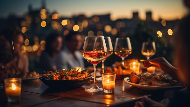 Foto pessoas brindando com copos de vinho vermelho no jantar no telhado amigos felizes comendo carne e bebendo copos de vinho no pátio do restaurante