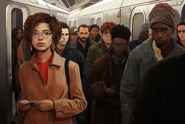 pessoas caminham por um trem em um metrô lotado no estilo de Scott Adams
