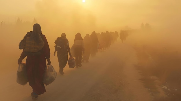 Foto pessoas caminhando em um deserto empoeirado as pessoas estão todas vestindo roupas tradicionais e carregando seus pertences