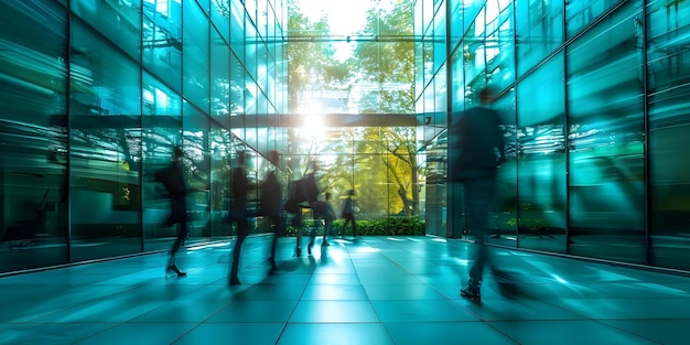 Pessoas caminhando em um edifício de escritórios moderno com vegetação ao fundo Conceito Estilo de vida corporativo Ambiente de escritório Design verde Profissionais de negócios Arquitetura urbana