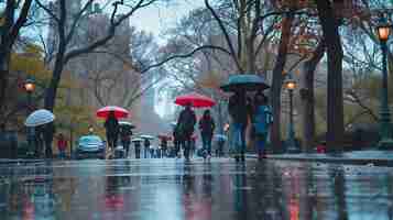 Foto pessoas caminhando na chuva no central park nova york nova york eua ia generativa