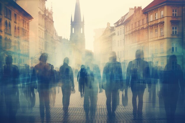 Foto pessoas caminhando na rua em praga, república tcheca, dupla exposição uma multidão anônima de pessoas caminhando em uma rua da cidade gerada por ia