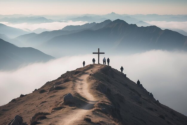 Pessoas caminhando para a segurança da Cruz em uma montanha