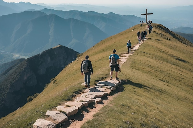 Pessoas caminhando para a segurança da Cruz em uma montanha