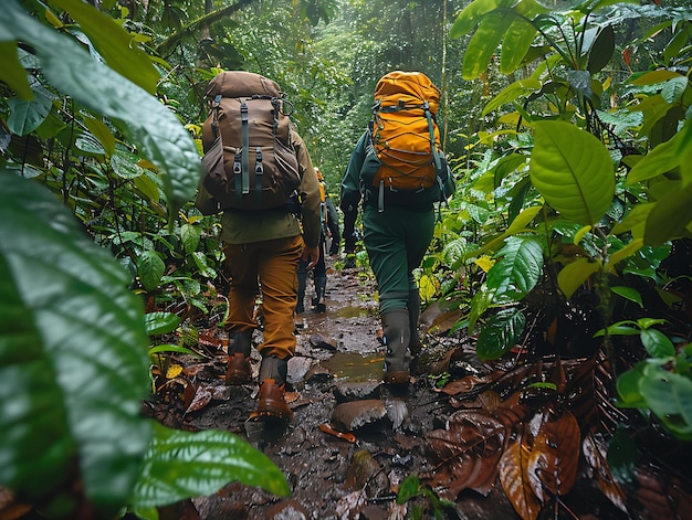 Pessoas caminhando pelas exuberantes florestas tropicais do Peru com o vizinho nas atividades de férias de fundo