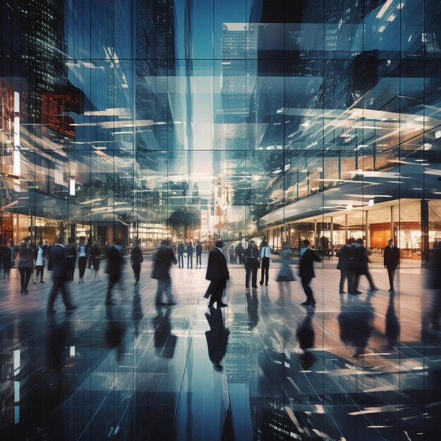 Foto pessoas caminhando por uma cidade à noite com o reflexo de um edifício