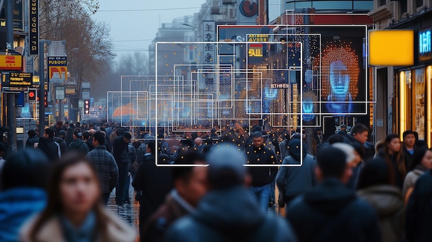 Pessoas caminhando por uma praça pública enquanto o sistema de reconhecimento facial monitora suas identidades