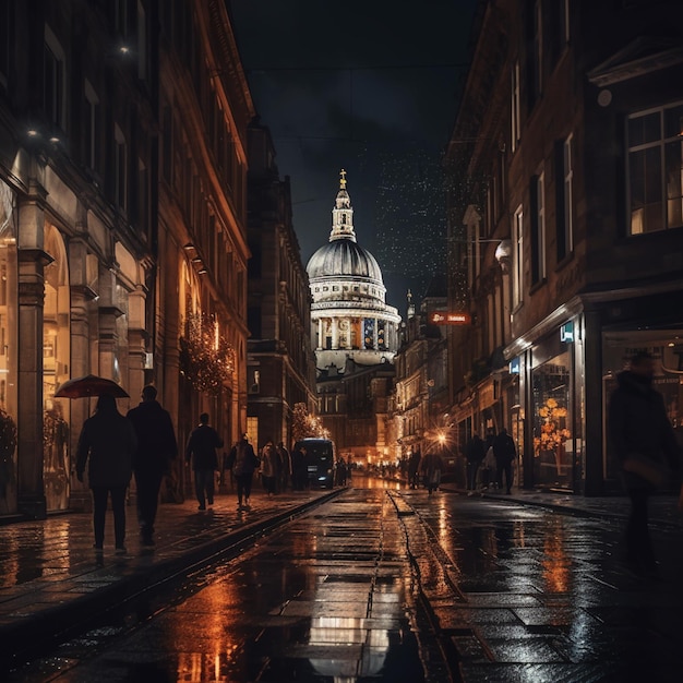 pessoas caminhando por uma rua molhada à noite com uma cúpula no fundo