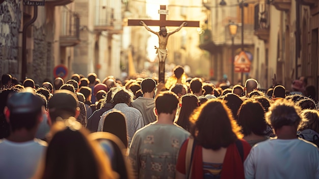 Pessoas carregando Jesus atravessam a procissão da Semana Santa