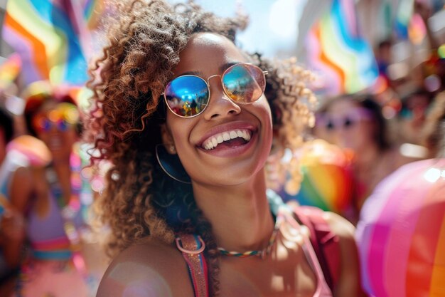 Foto pessoas celebrando em um alegre desfile do orgulho