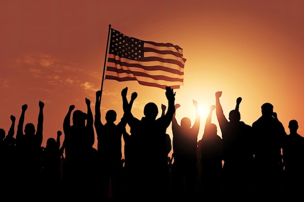 Pessoas celebrando o dia da independência com bandeira americana no pôr do sol