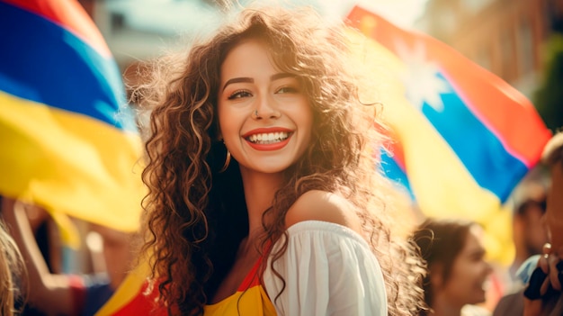 Pessoas celebrando o orgulho colombiano e segurando a bandeira colombiana no alto