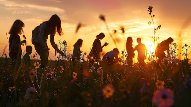 Foto pessoas coletando flores durante a celebração do solstício de verão em silhueta contra um sol poente ai geradora