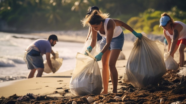 pessoas coletando lixo na praia