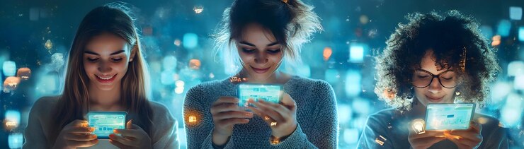 Foto pessoas com aplicativos financeiros mágicos e conceito de rostos felizes como um grupo de pessoas usando magia financeira