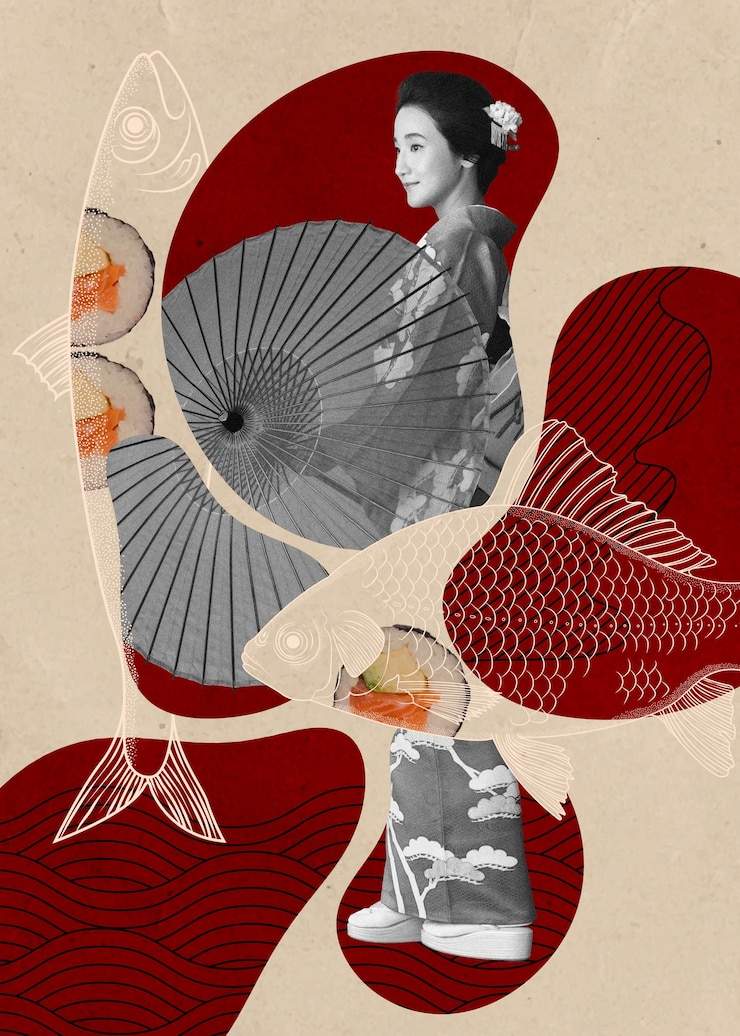 Foto pessoas com colagem de sushi