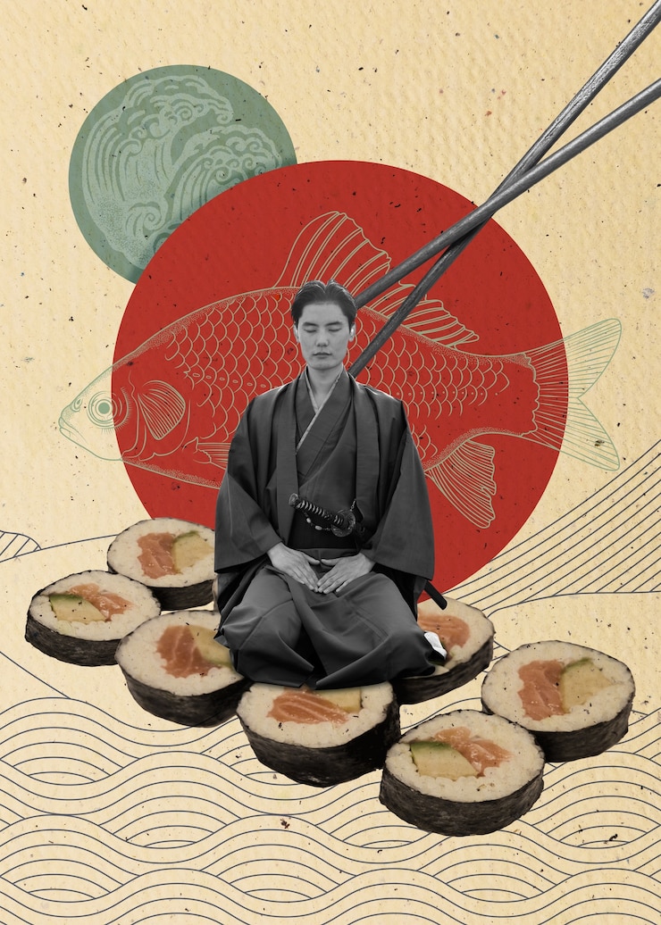 Foto pessoas com colagem de sushi