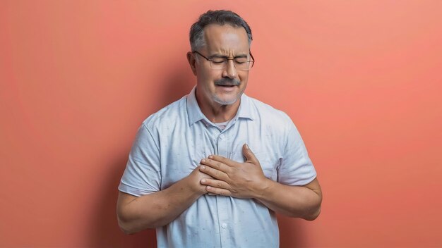 Foto pessoas com dor no peito isolado homem com taquicardia homem com dor no coração em fundo isolado você